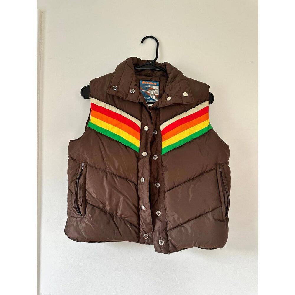 Vintage Brown Kids Puffer Vest with Rainbow Stripes